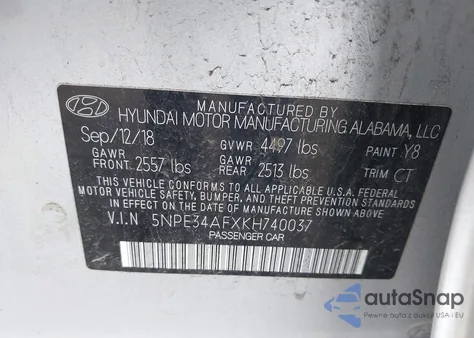 2019 Hyundai Sonata Sport z USA, uszkodzony, nr VIN 5NPE34AFXKH740037
